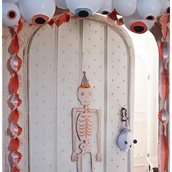 VINTAGE GIANT HALLOWEEN JOINTED SKELETONS, PACK OF 3  LARGE SMILING DECORATIONS WITH HATS, COPPER FOIL & CREPE PAPER FRINGING, HANGING PARTY DECOR, EASY ASSEMBLY, SPOOKY FUN - Image 2